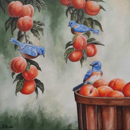 Madarak a barackosban – akrilfestmény